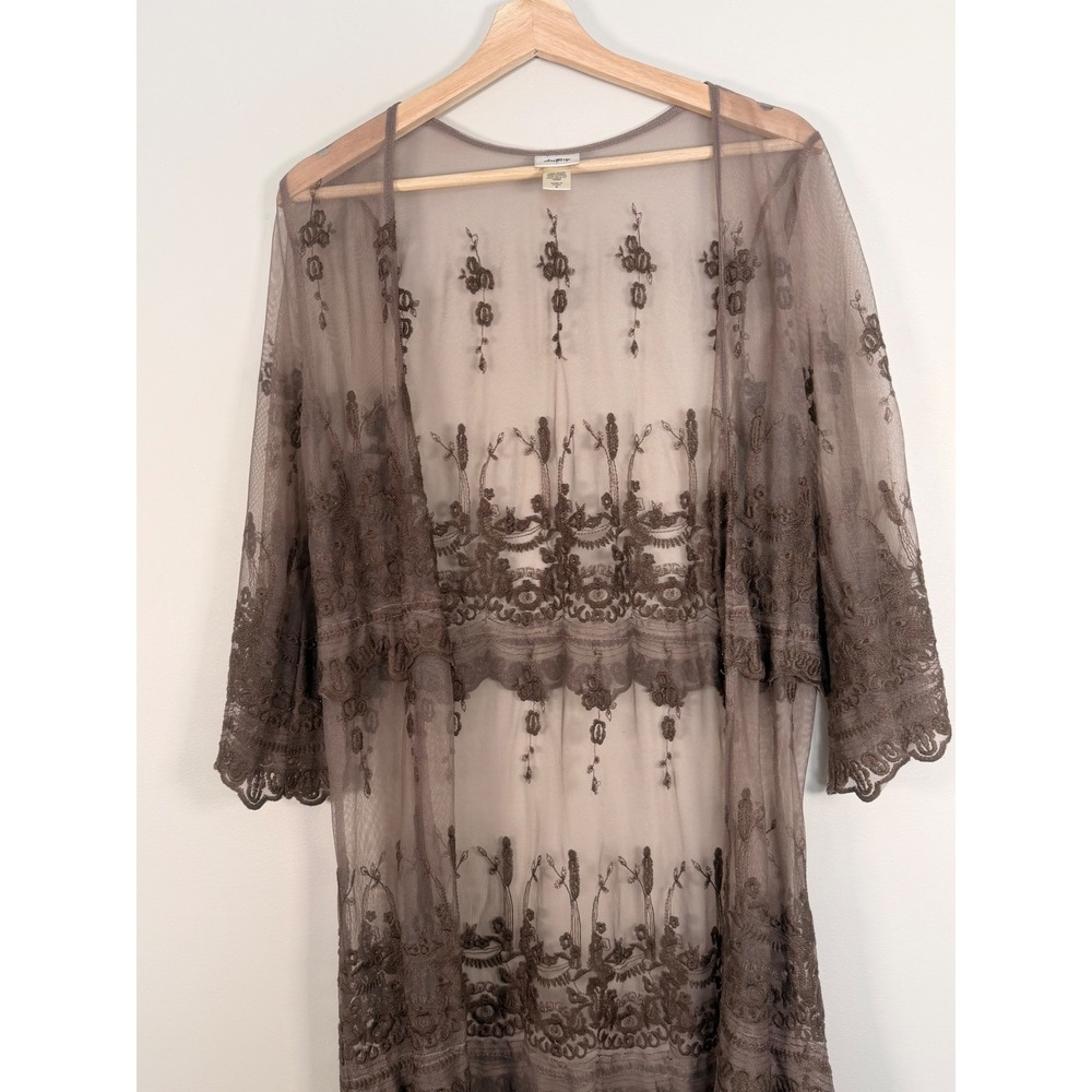 Daytrip Sheer Embroidered Kimono Duster Brown Lace Trim Size S Boho Whimsigoth - Picture 2 of 6